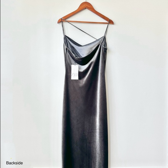 ZARA | VELVET MIDI SLIP DRESS HIGH SLIT ASYMMETRICAL STRAPS SEXY FORMAL WEDDING - Picture 2 of 8